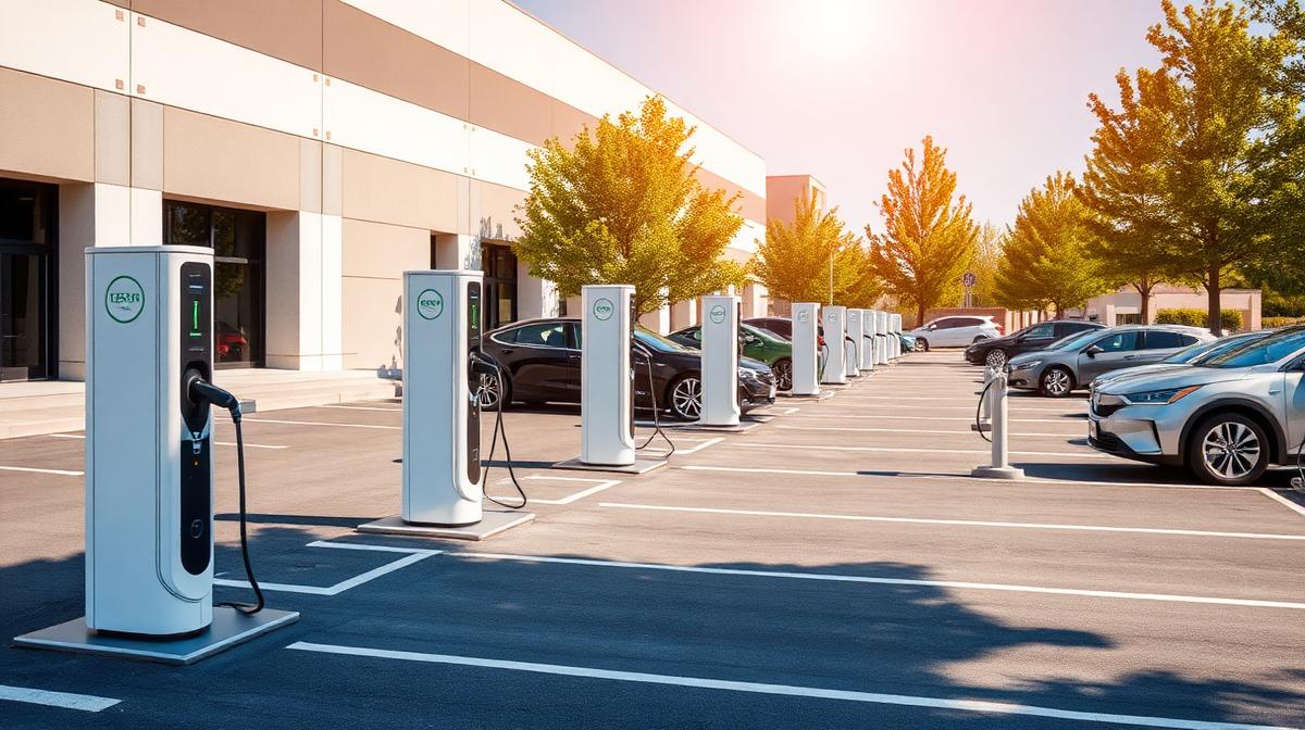 Commercial EV charging stations at a business parking lot