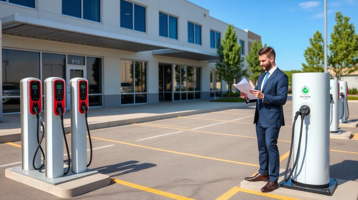 Business owner reviewing 30C tax credit documents at commercial EV charging site